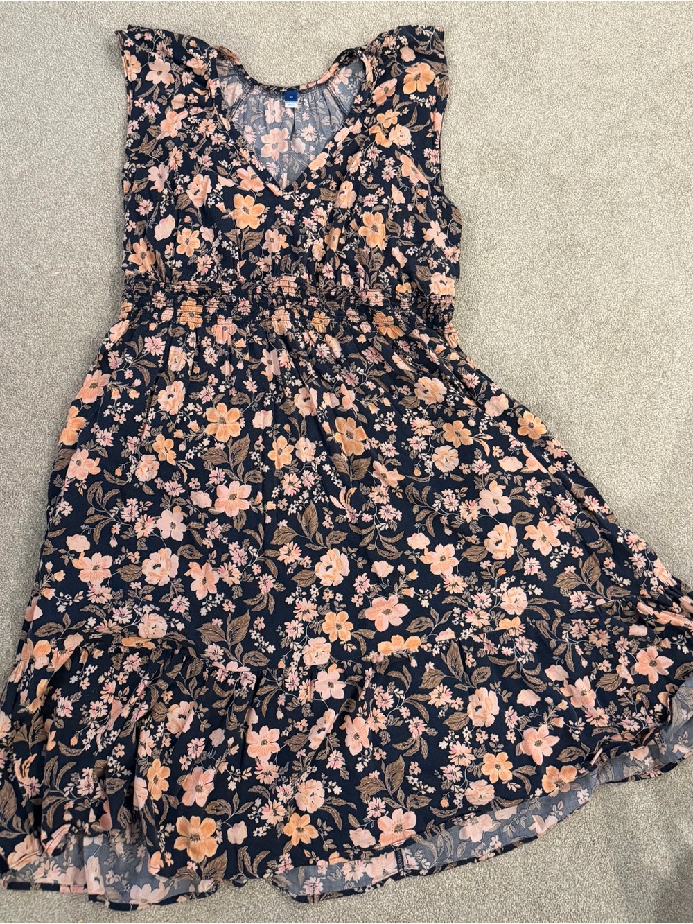 Navy Floral V-Neck Sleeveless Dress - Peach Bloom
